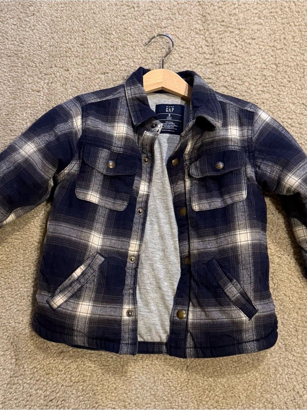 GAP Blue and White Plaid Sherpa-Lined Jean Jacket